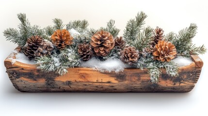 Rustic wooden trough filled with pine cones and branches, covered in faux snow
