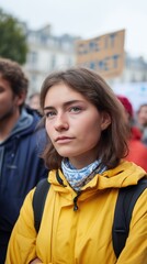 A young White Woman in a Yellow Raincoat and Bandana, Looking Up Thoughtfully at a Climate Protest in a City