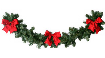 A festive christmas garland with three large red satin bows is isolated on transparent background