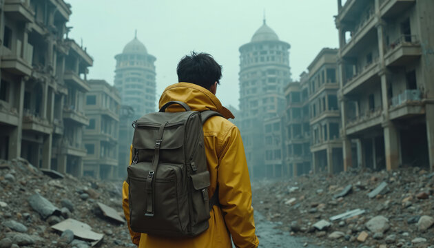 Back view of man with backpack explores abandoned city ruins. Survivor journey through desolation, post apocalypse wasteland. Overcast sky. Adventure travel, exploration. Solitude. Post-apocalyptic - Powered by Adobe