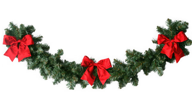 A festive christmas garland with three large red satin bows is isolated on transparent background - Powered by Adobe
