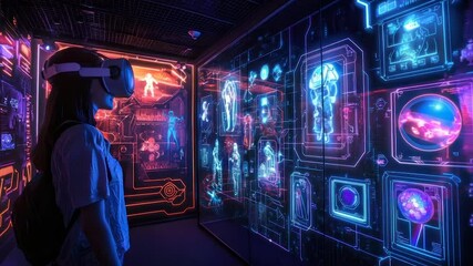 Immersive VR experience showcasing futuristic tech and holographic displays