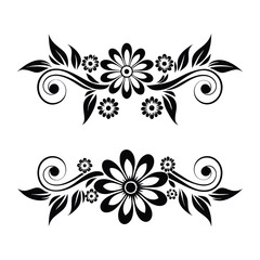 Fototapeta premium Abstract floral vector design featuring elegant black flower and leaf elements with decorative swirls and ornate vintage style