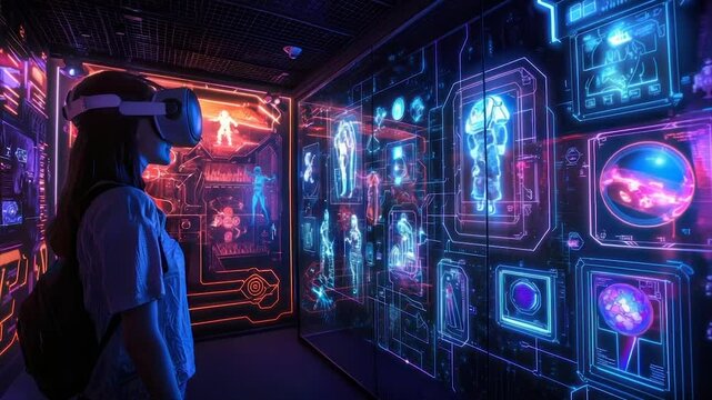 Immersive VR experience showcasing futuristic tech and holographic displays