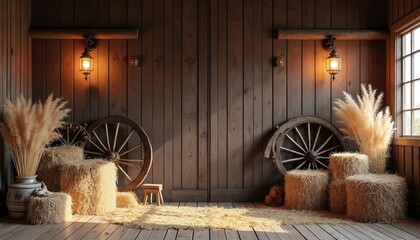 Rustic western barn interior with vintage decor. Wooden walls, wooden wheels, pampas grass create cowboy vibe. Lanterns, hay bales, antique mood. Suitable for background, wallpaper, poster,