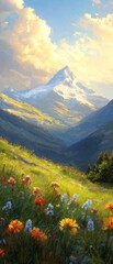 Fototapeta premium Beautiful landscape of a mountain range. the sky is filled with fluffy white clouds, and the sun is shining brightly, creating a warm glow over the scene.