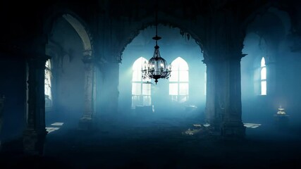 Spooky abandoned gothic mansion interior with chandelier and misty atmosphere. Concept of haunted house, eerie horror scene, medieval nightmare, dark fantasy room - Powered by Adobe