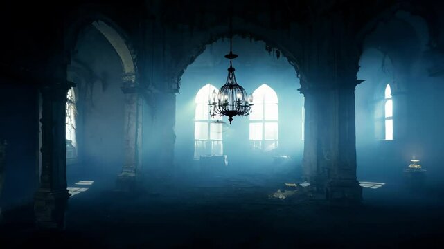 Spooky abandoned gothic mansion interior with chandelier and misty atmosphere. Concept of haunted house, eerie horror scene, medieval nightmare, dark fantasy room