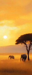 Obraz premium Digital illustration of a beautiful sunset scene in the savanna. the sky is painted in a warm orange and yellow hue, with the sun partially visible in the top left corner.