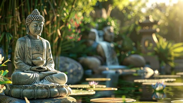 Tranquil buddha statue in lush garden with serene waterfalls and sunlit lotus flowers. concept of peace, zen atmosphere, meditation, nature harmony.
