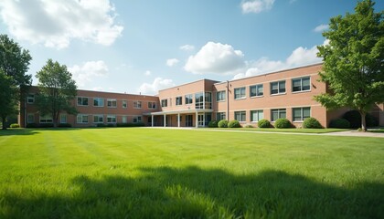 American school building exterior. Brick structure with green lawn. Academic institution with windows. Education facility. Sunny day with blue sky and clouds. Education concept.