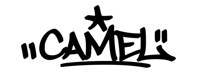 Black graffiti tag of “Camel” in bold urban style. Hand-drawn look with street art feel, perfect for desert-themed projects, merch, and digital assets.