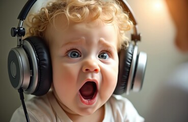 Astonished baby wearing headphones on hearing test. Child listens sound at high volume, open mouth showing surprise. Healthcare, audiology, medical exam with ear doctor. Infant hearing checkup at