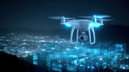 Drone hovers over cityscape at night, illuminated by blue lights, symbolizing advanced technology and futuristic urban exploration