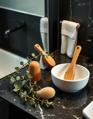 A serene bathroom scene with a wooden tray of fresh bath accessories beside a sink, ready for a healthy start to the day
