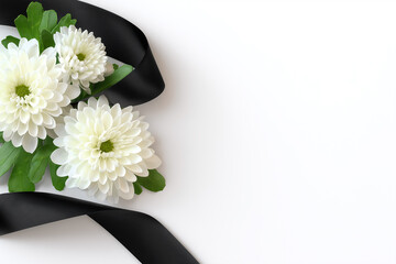 Elegant white chrysanthemum flowers with black ribbon, somber memorial composition on neutral background