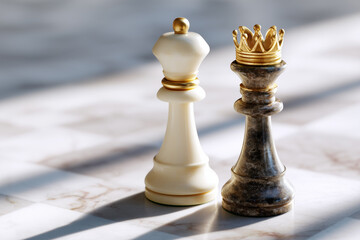 Chess queen pieces with king's crown, strategic game concept on chessboard background with shadow