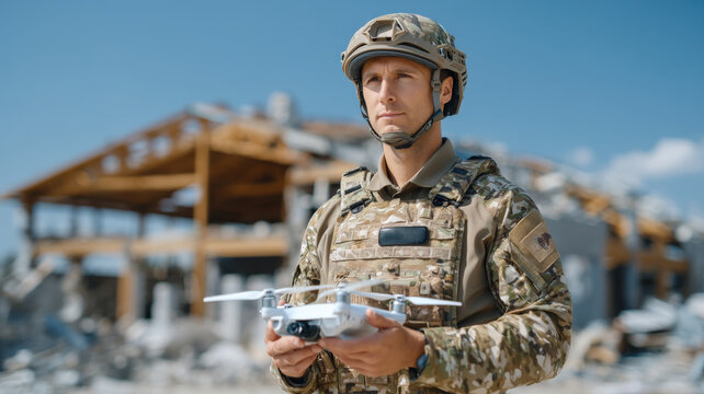 Soldier in camouflage uniform operates drone in post apocalyptic setting, showcasing modern military technology amidst ruins - Powered by Adobe