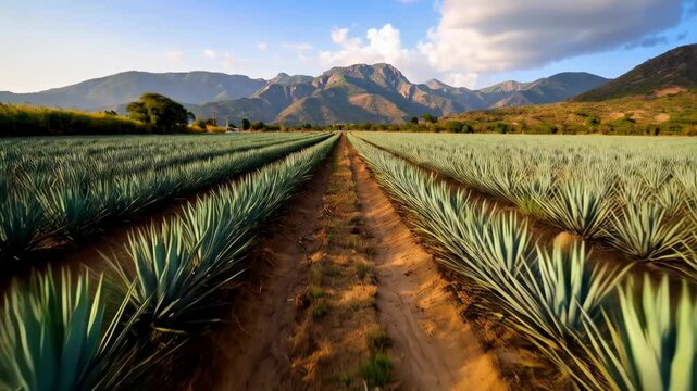 Vast agave field stretching toward distant mountains under a blue, slightly cloudy sky in sunny day, showcasing agricultural landscape.
