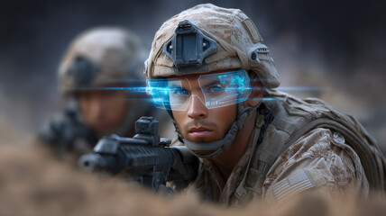 Soldier wearing advanced augmented reality glasses focuses intently during tactical operation, showcasing futuristic military technology