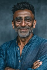 Obraz premium Smiling middle-aged man in blue shirt with grey background and glasses