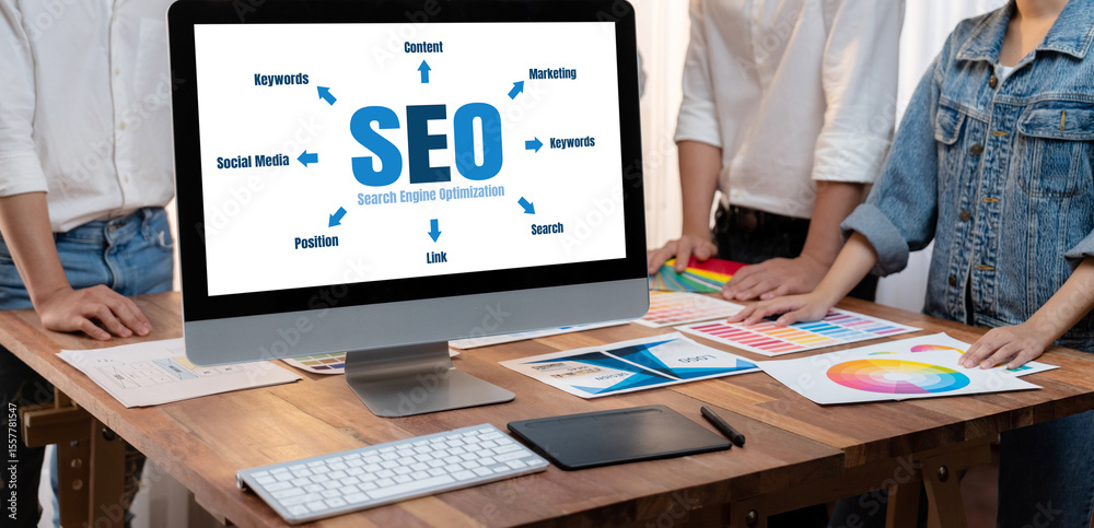 Aufkleber seo search engine optimization for brisk e-commerce and online retail business showing on computer s
