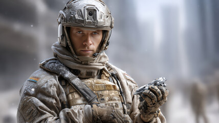Naklejka premium Soldier in futuristic armor stands in snowy urban environment, holding high tech device. scene conveys sense of determination and readiness amidst desolate cityscape