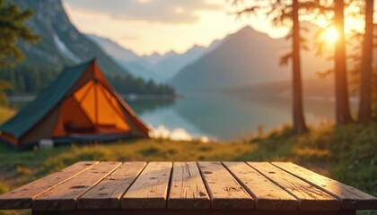 Wooden table camping near lake in mountains at sunset. Tent background for product display. Summer holiday, leisure, vacation concept. Natural scenic landscape, outdoor adventures for travel. Wooden
