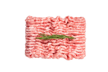 Raw ground beef and pork meat, forcemeat isolated on white background. top view