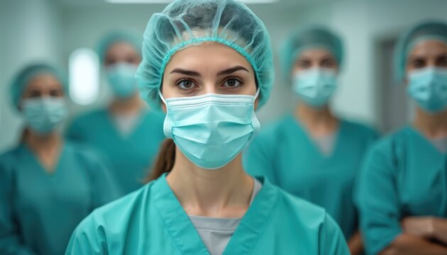 Female surgeon wearing protective face mask poses with medical team. Healthcare workers in scrubs and masks. Pandemic era, focus on face. Medicine, surgery, clinic, hospital, healthcare concept. - Powered by Adobe