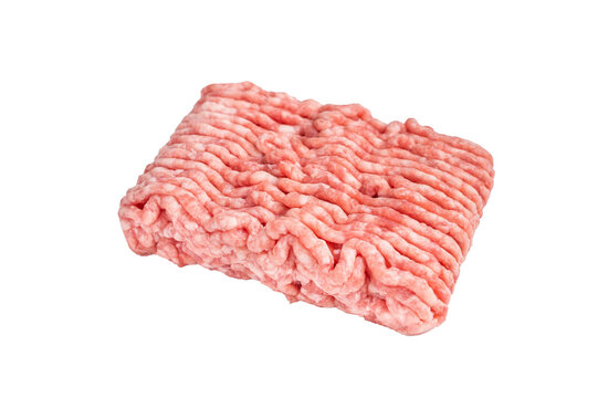Raw ground pork meat, mincemeat isolated on white background. top view