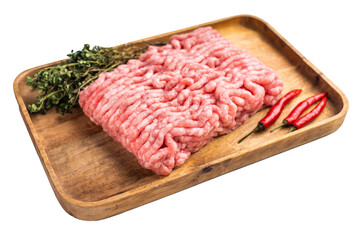 Uncooked mince veal and pork meat, raw forcemeat isolated on white background. top view