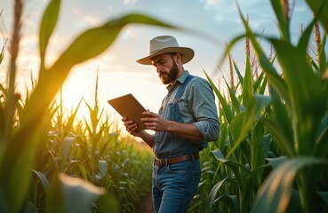 Farmer with tablet analyses data corn field. Agriculture tech, AI improves cultivation efficiency, quality. Modern agribusiness, innovation in farming, data-driven analysis. Economic sustainable