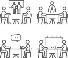 Fototapeta premium Eight Gray Minimalist Line Art Icons Depicting Business Meetings Presentations and Conversations