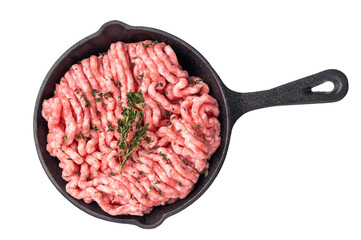 Ready for cooking raw ground pork and beef meat, fresh mince meat in skillet  isolated on white...