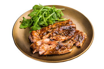 Teriyaki salmon fillet steak with salad on a plate isolated on white background. top view