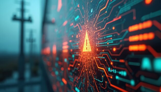 Close-up of digital interface shows cyber-attack attempt on electrical grid. Warning alert symbol flashes with data flowing, cyber security risk. Power outage threat with power lines tech background. - Powered by Adobe