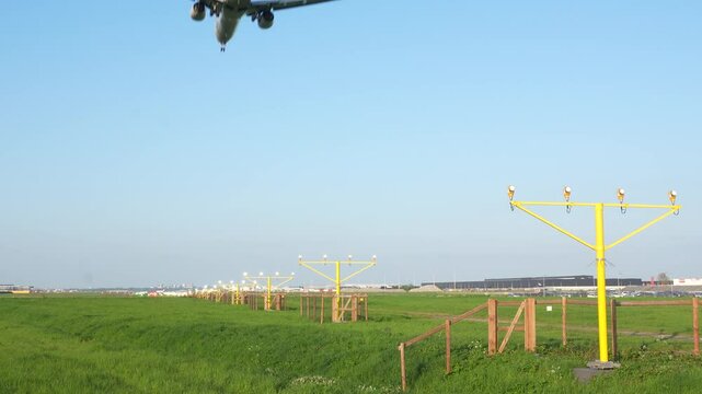 approach light at airfield runway. Flying, traveling, transport, airport runway.