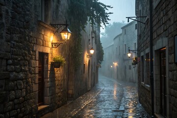 Fototapeta premium Rainy alleyway in an old town with lanterns and cobblestones, moody atmosphere