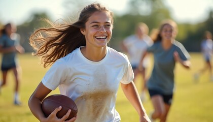 Smiling high school female flag football player runs with ball during game. Cheerful girl in white t-shirt plays team sport outdoors on green field with girls. Sport, competition, action, healthy