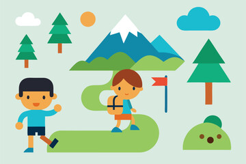 Fototapeta premium Cartoon illustration of children, a boy and a girl, playing with a ball in a park with their dog, under a summer sky