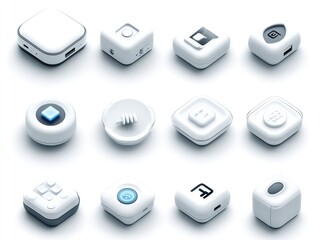 Collection of various white, square, and round digital interface components
