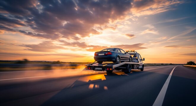 Roadside Assistance at Sunset: A tow truck carrying a car glides down a highway at sunset. Capturing the journey, a sense of rescue, and the beauty of the open road. 