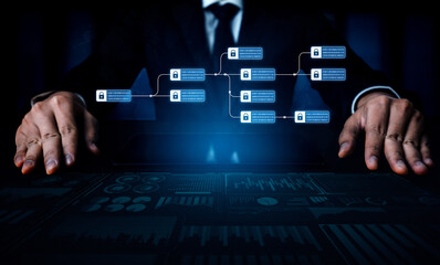 Blockchain structure showing distributed data blocks linked with encryption, representing secure...