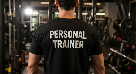 Personal Trainer at Gym: A personal trainer stands in a gym, his back to the camera, showcasing his "PERSONAL TRAINER" shirt. The background features various gym equipment.
