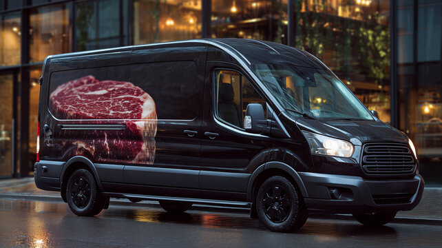 A sleek small black delivery van stands parked on a rainy urban street, its eye-catching meat advertisement attracting curious glances from passersby as evening lights glow in the background.