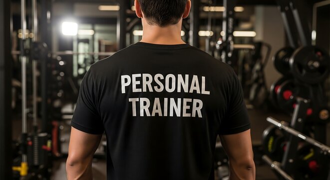 Personal Trainer at Gym: A personal trainer stands in a gym, his back to the camera, showcasing his "PERSONAL TRAINER" shirt. The background features various gym equipment.