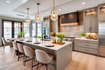 Modern kitchen with sleek decor and contemporary lighting design