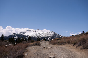 Lonely snowbound dirt road threads a broad valley toward towering, ice-clad mountains under...