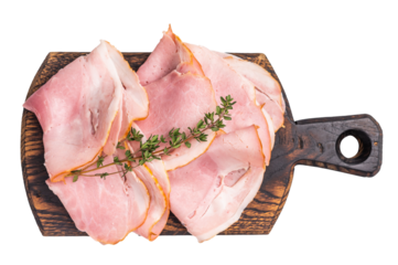 Ham Prosciutto Cotto, Sliced Pork Ham on wooden board isolated on white background. top view